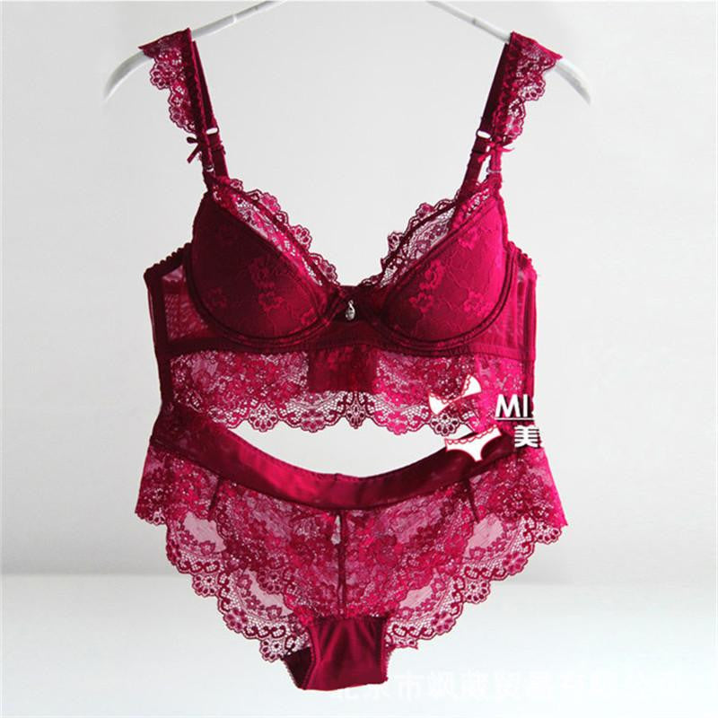 Wine Red Lace Bra Adjustment Ultra-thin Side Gathering Push Up Women's Bra Briefs Set Lace Underwear bra