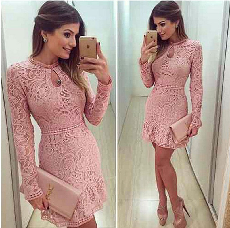 Online discount shop Australia - Autumn Fashion Casual Womens Sexy Dresses Party Night Club Dress Fall Long Sleeve Pink Lace Dress Brasil Vestidos De Festa