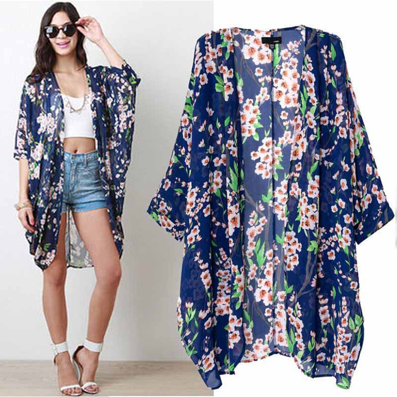 Online discount shop Australia - Fashion Women Blouse Flower Printed Kimono Cardigan Kimonos Vintage Casual Chiffon Blouse