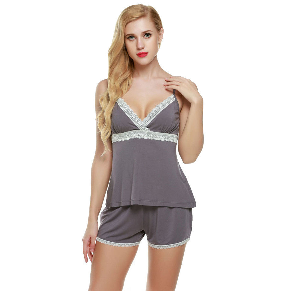 Pajamas sets Cotton women pajama of Halter top with Sleep Shorts Solid Lace Lady Nightgown Home Clothes