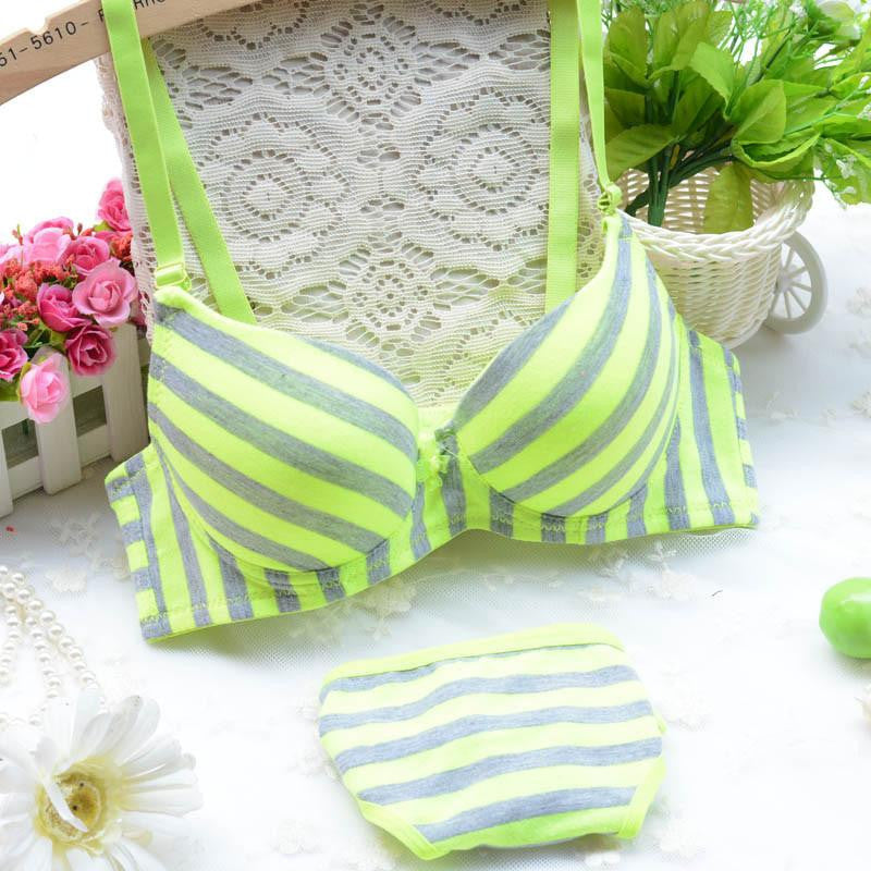 Young girl stripe thin thick double breasted underwear bra set cute sexy green rose orange size AB 70-80 underclothes