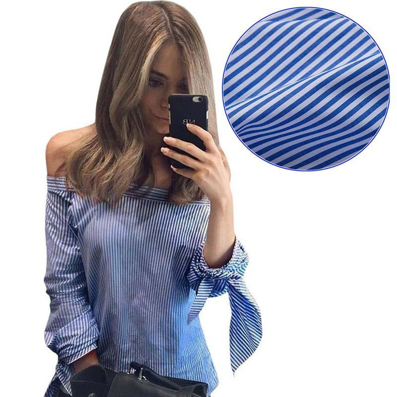 Women Elegant Blue White Striped Blouse Off The Shoulder Blouses Slash Neck Long Sleeve Bow Tops