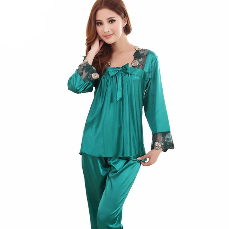 Womens Silk Pajamas Sets Female Lace Embroidered Satin Sleepwear Loungewear L-3XL