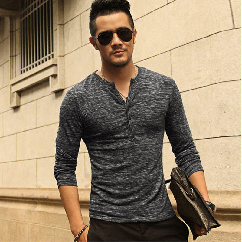 Men Henley Shirt Tee Tops Long Sleeve Stylish Slim Fit T-shirt Button placket Casual men Outwears Popular Design