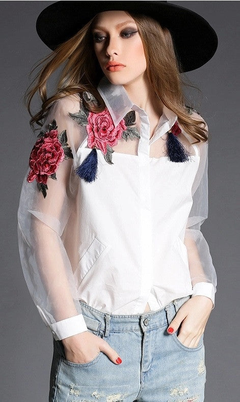 cardigans flower embroidery organza shirt women blouses tops women tops
