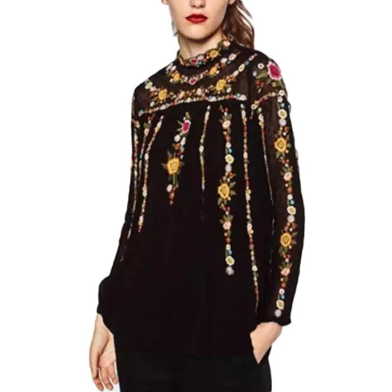 SCQP Black Floral Embroidery Fashion Elegant Women Long Sleeve O-Neck Ladies Blouses Lace Top