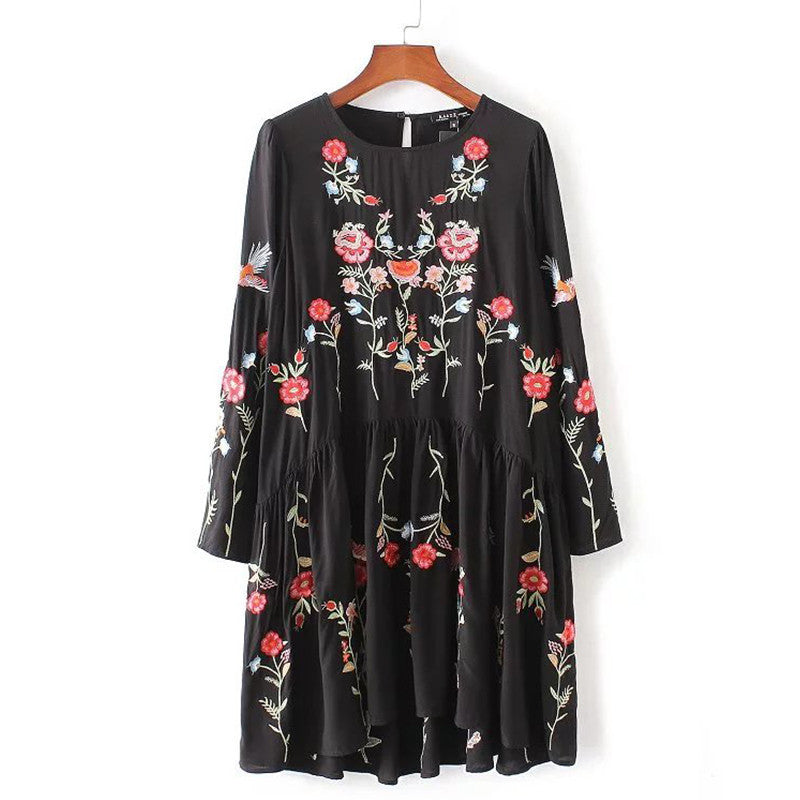 Online discount shop Australia - Autumn Fashion Brand Floral Embroidered Dress Women Round Neck Long Sleeve Vintage Black Dress Vestidos AAZZ8304