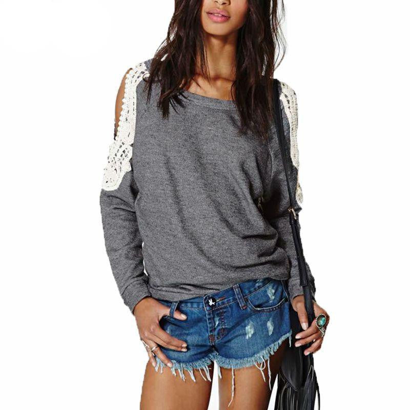 Women Casual Lace Crochet Splice Off Shoulder Long Sleeve Tops Hoodies Sweatshirt Plus Size