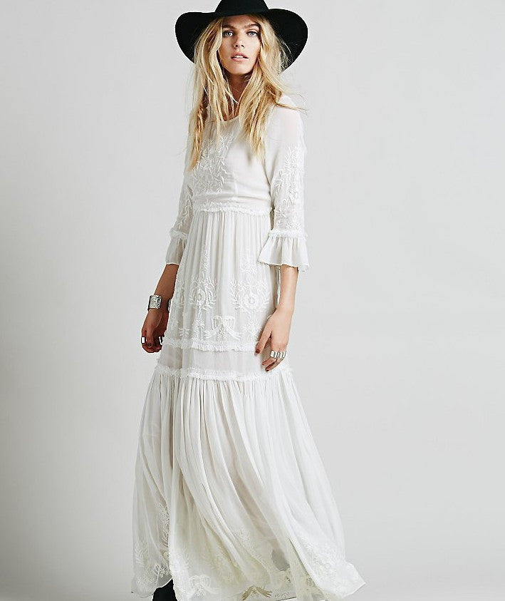 Online discount shop Australia - Bohemia embroidery maxi dress women's white ruffles elegant sweet long loose dress fashion party dresses