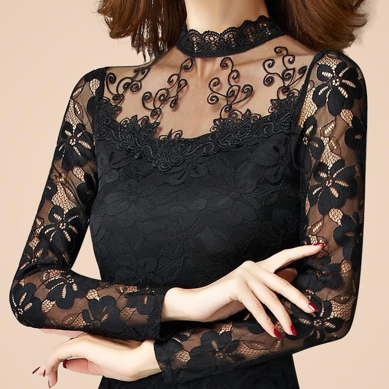 women lace long Sleeve Turtleneck thin female pullover black white tops