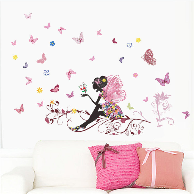 Online discount shop Australia - Beautiful Girl Butterfly Flower Art Wall Sticker For Home Decor DIY Personality Mural Child Room Nursery Decoration Print Poster