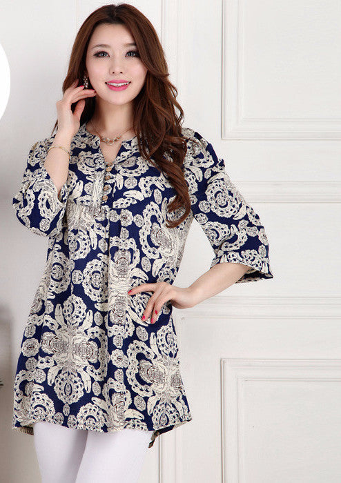 tops long shirt plus size women's fluid print casual loose 3/4 sleeve shirts female blouse 4XL