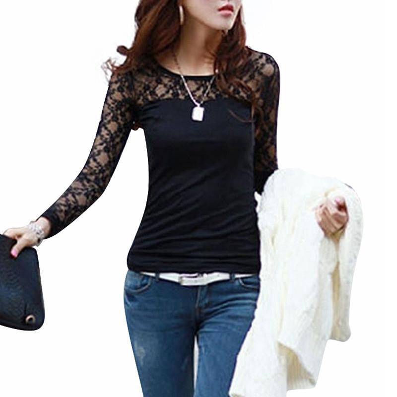 Womens Fashion Slim Shirt Tops Lace Long Sleeve O-Neck Leisure Blouse Black/White S-2XL