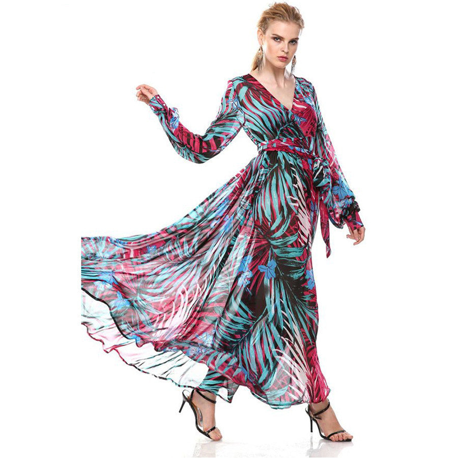 Online discount shop Australia - ACEVOG Brand Women Ladies Summer Autumn Loose Casual V-Neck Chiffon Long Maxi Beach Chiffon Dress Vestidos Longo