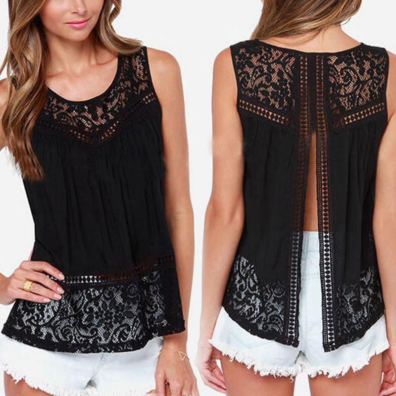 Women Hollow Out Crochet Lace Tank Tops Casual Sleeveless Tee Shirt Beach Loose Top Black S-5XL Z1