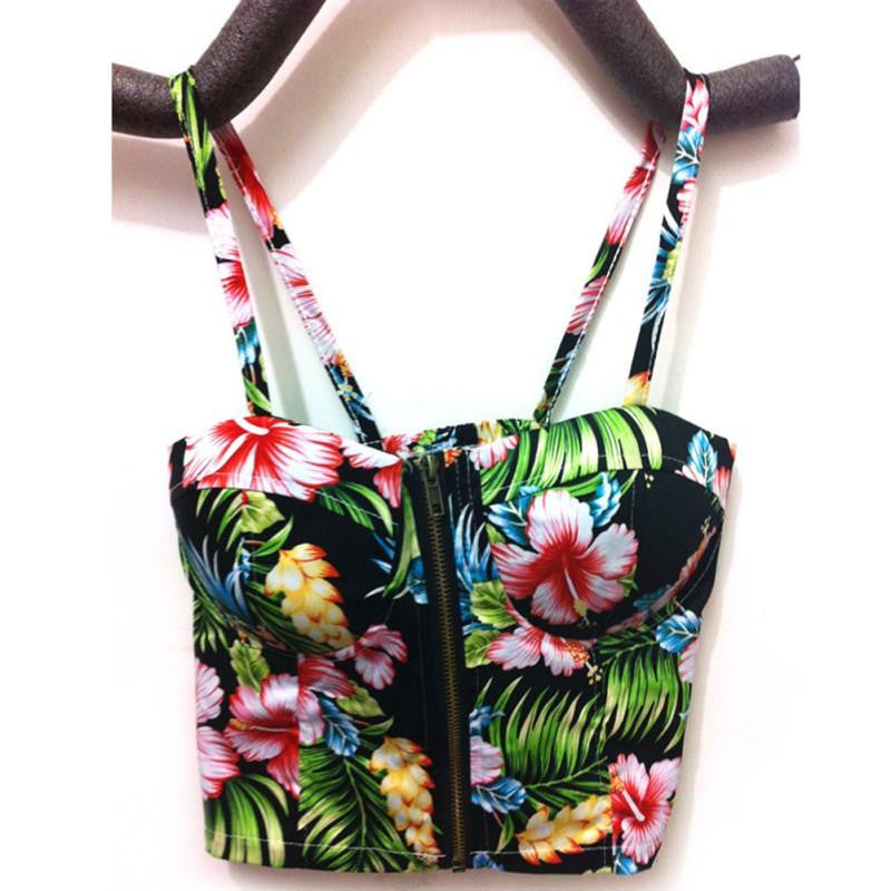 Women Vintage Zipper Bustier Floral Bra Sling Crop Tops Tank Top