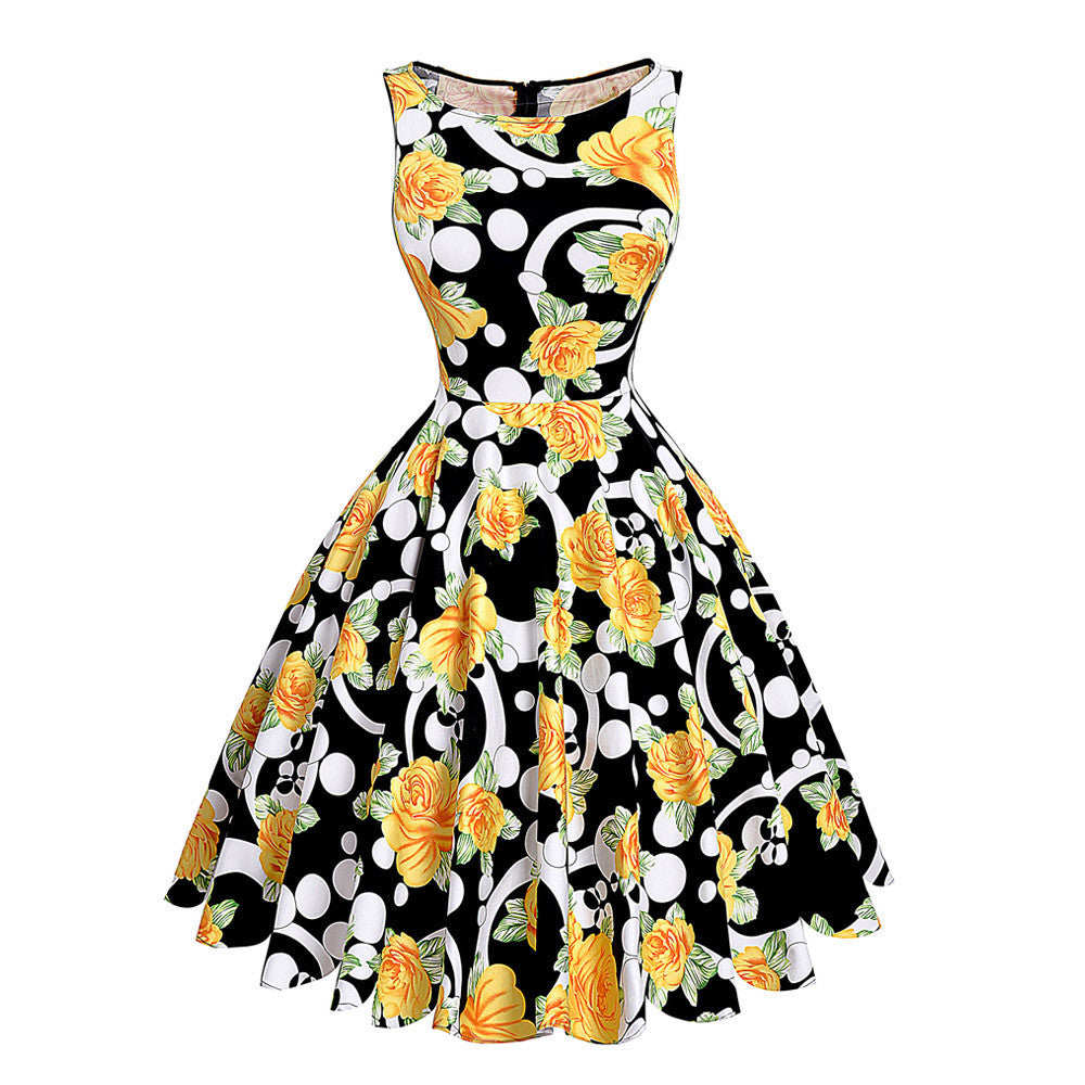 Print floral 50s 60s Vintage dresses Audrey Hepburn Sleeveless style summer retro dress Vestidos robe womens clothing