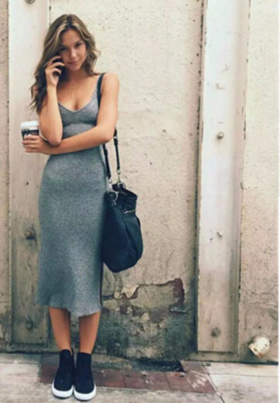 Online discount shop Australia - Ladies Elegant Knitted Side Split Midi Bodycon Dress Women Summer Brandy Melville Spaghetti Strap Sexy Deep V Neck Beach Dress