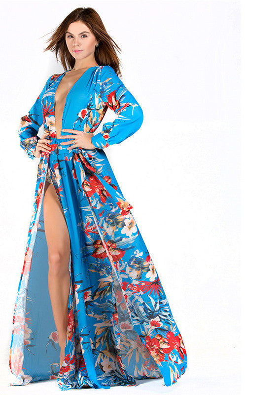 Online discount shop Australia - Missord Sexy V-neck Long Sleeve split printing dress beach dress FT2294