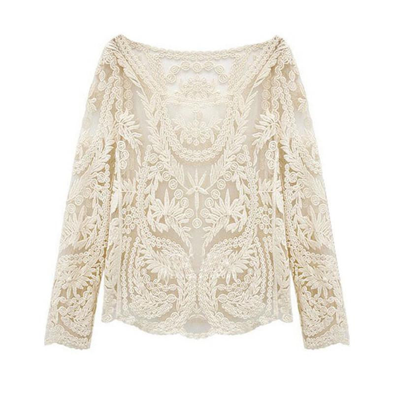 Style Beige Long Sleeve Hollow Out Crochet Lace Blouse Female Boat Neck Curved Hem Sheer Blouse