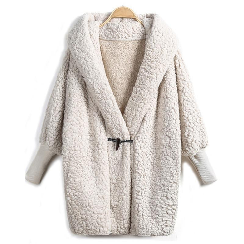 SheIn Hooded Outwear est Fashion Design Women's Apricot Batwing Long Sleeve Loose Streetwear Hoody White Coat