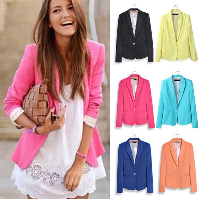 Women's Basic Suits Candy Color Casual Slim Foldable Sleeve Ladies One Button Jackets Cardigan Coats 6 Colors