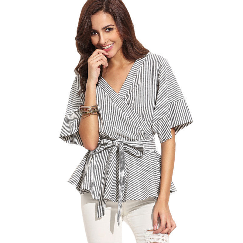 Ladies Black and White Striped Bow Wrapped Blouses Women Tops Multicolor V Neck Half Sleeve Casual Blouse