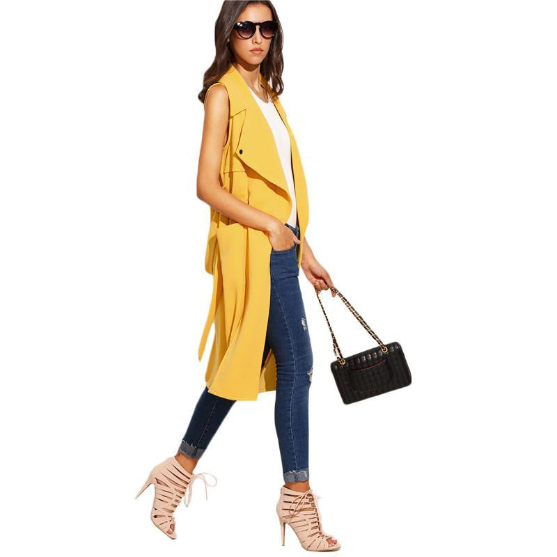 Women Casual Long Trench Coats Ladies Plain Yellow Sleeveless Lapel Tie Waist Knee Length Outerwear