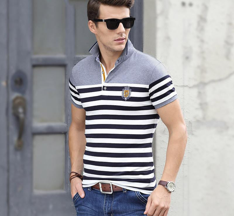 Short Sleeve Mens Polos Homme Turn Down Collar Tops Cotton Brand Men Grey Striped xxxl Plain Solid Clothing