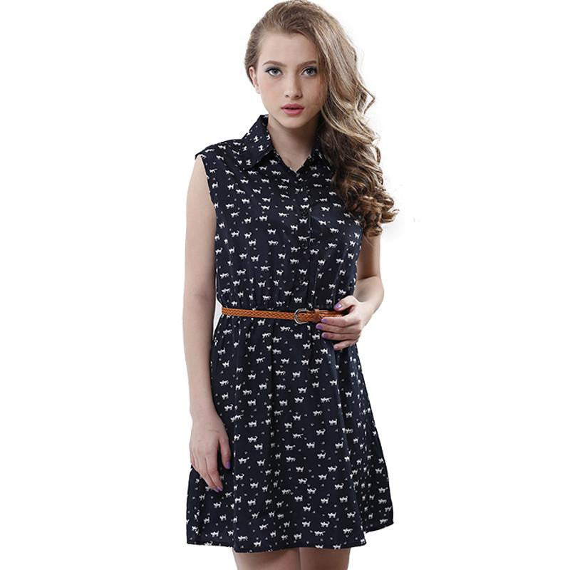 summer dress cotton dress women Cat footprints pattern Show thin Shirt dress with Belt print dresses