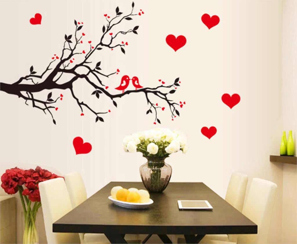 Online discount shop Australia - Fashion Red Love Heart Wall Decor Vintage Life Tree Wall Sticker Home Decor Romantic Birds Wall Sticker