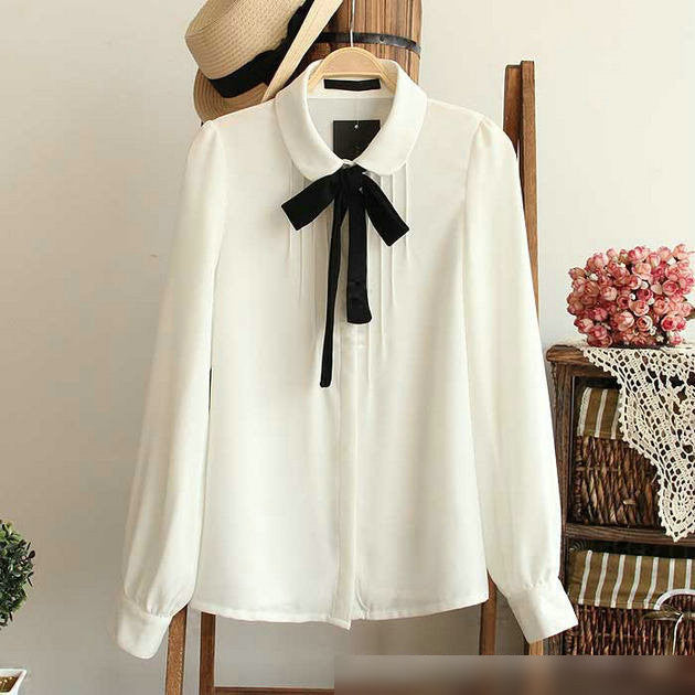 Online discount shop Australia - Fashion female elegant bow tie white blouses Chiffon peter pan collar casual shirt Ladies tops school blouse Women Plus Size