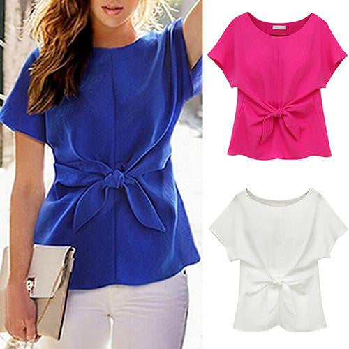 Women's Oversized Short Sleeve Crewneck Tie Front Bow Chiffon Blouse Tops