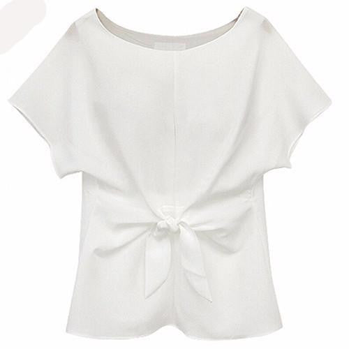 Women's Oversized Short Sleeve Crewneck Tie Front Bow Chiffon Blouse Tops