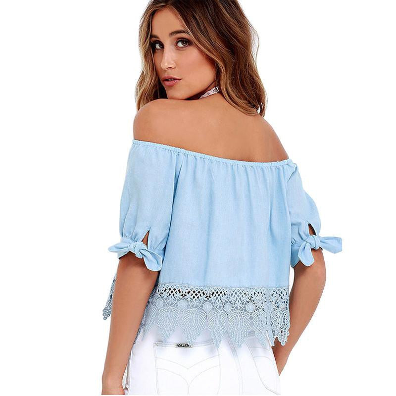 Slash Neck Hook Flower Hollow Women Tops Off Shoulder Women Blouses Plus Size Lantern Sleeve Shirt Women