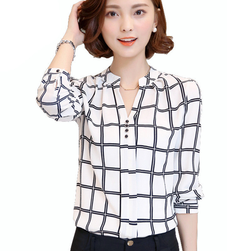 Chiffon Blouse Women Printed Plaid Shirts Long Sleeve Tops Plus Size Office Shirt