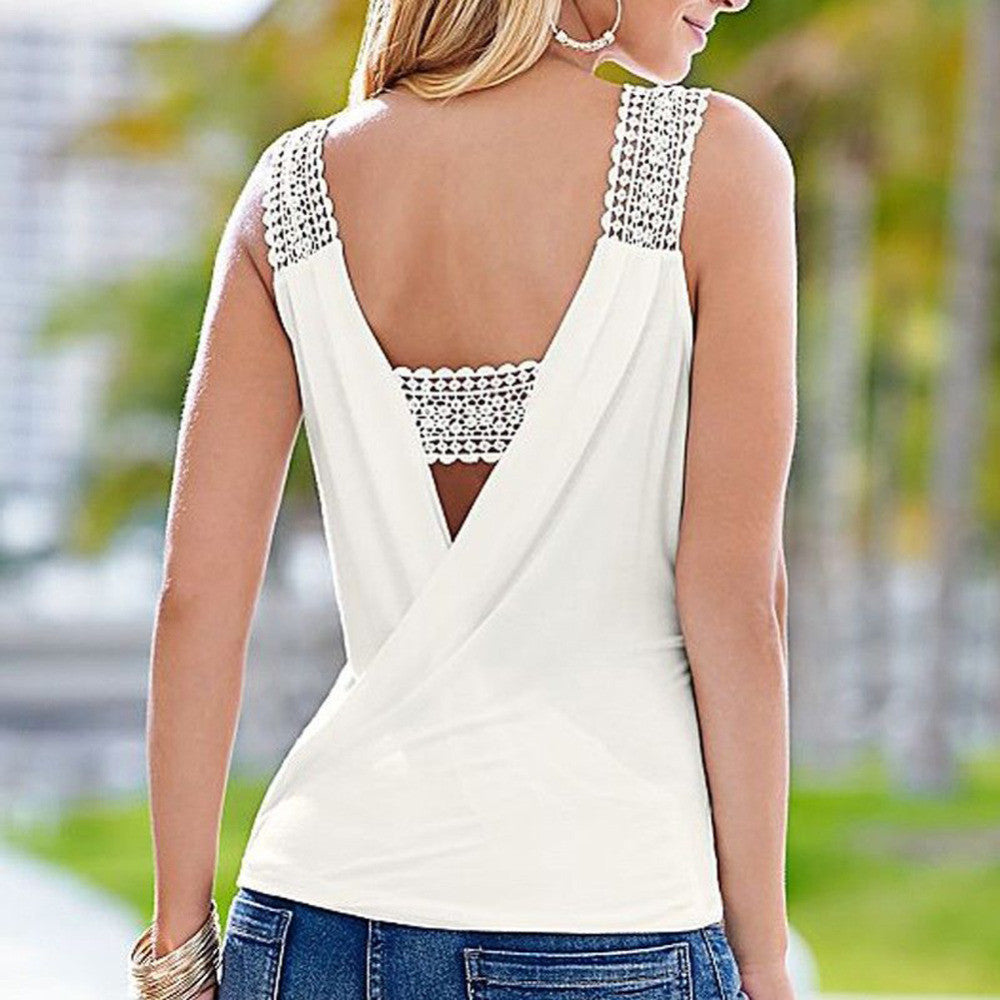 Online discount shop Australia - Fashion Women Ladies Sleeveless Tank Tops Lace Crochet Strap Vest Solid White Backless Sexy Deep V Neck crop tops Y2