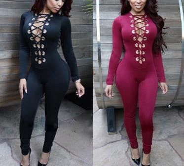 Womens jumpsuits sexy bodycon fitness romper bodysuits deep v neck stretch long pants long sleeve black red