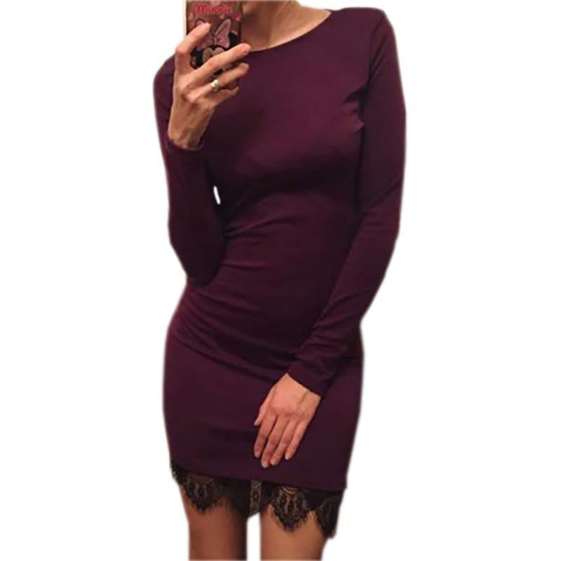 Women casual Elegant lace solid bodycon dress Christmas evening party long sleeve winter dress LX067