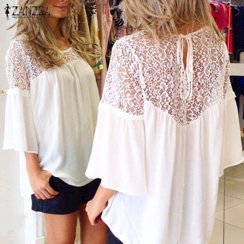 Plus Size European Style Women Chiffon Patchwork Lace Solid Shirts Casual Loose White Blouses Tops