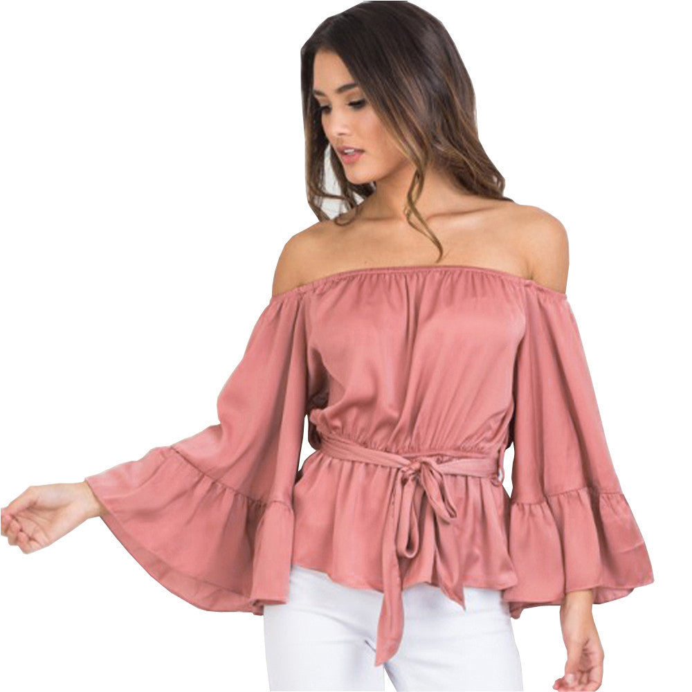 Online discount shop Australia - ForeFair trend ruffles sexy slash neck satin blouse long flare sleeve elegant belted silk women blouses plus size sexy tops
