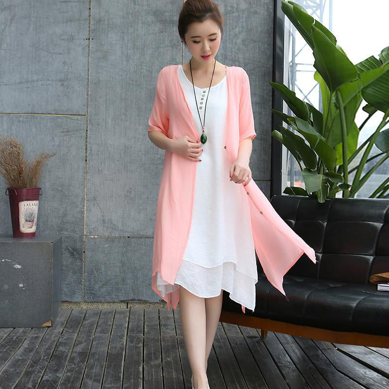 Women Summer Dress Casual Loose Plus Size Solid White Vest dress and Cardigan Two pieces Sets Breathable fabric Dress