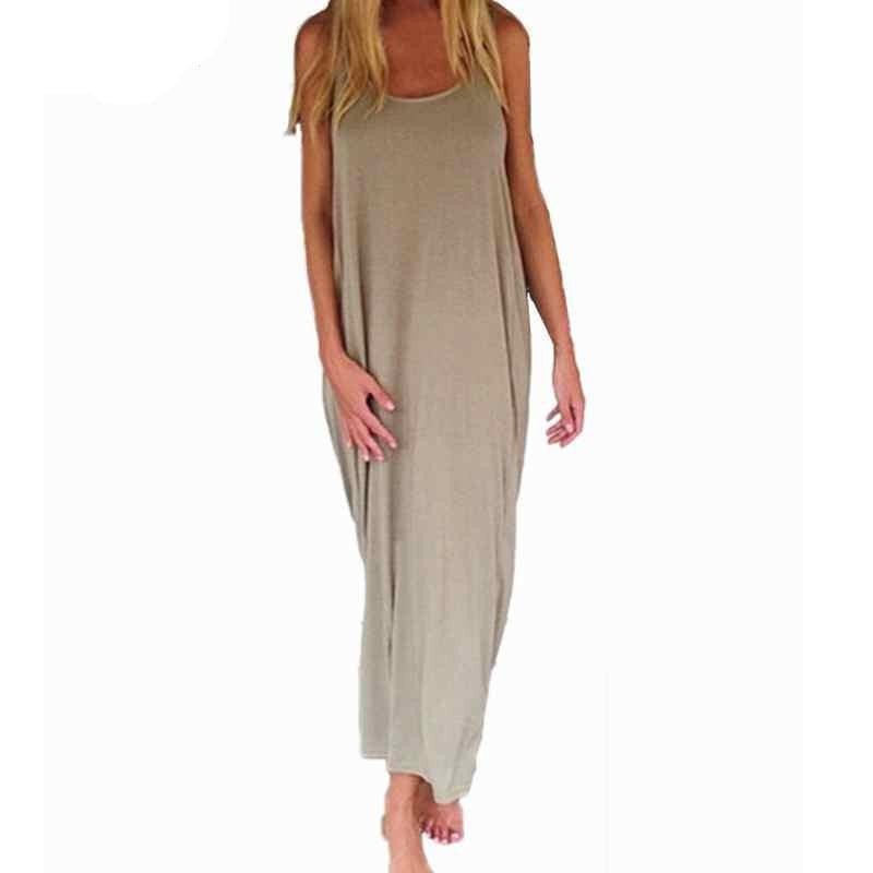 Women Fashion Casual Loose Solid Dress Sleeveless Backless Long Maxi Beach Dresses Plus Size