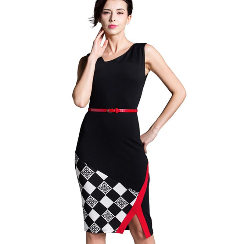 Summer Women Formal Work Knee-Length Belted Black Grid Casual Office Business Bodycon Elegant Pencil Dresses B290