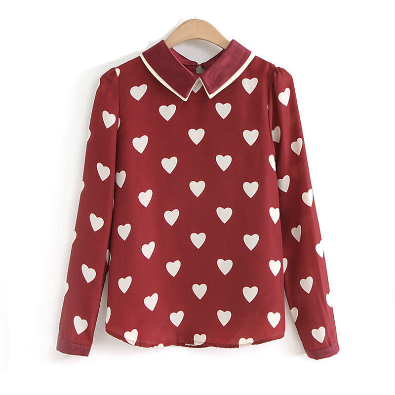Fashion Womens Red Heart Shirts Print Casual Long Sleeve Blouses For Ladies Tops