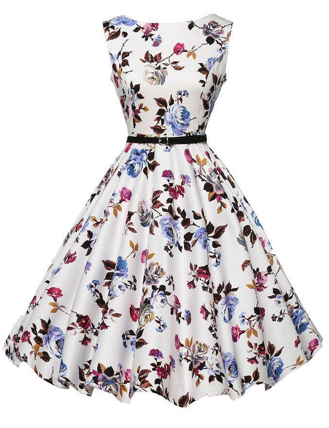 Online discount shop Australia - Audrey Hepburn S-2XL Plus Size Women Floral Print Party Robe Rockabilly 50s Vintage Dresses With Belt D57232