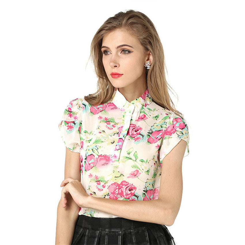 Online discount shop Australia - Blouse Women's Shirt Women Printed Collar Short-Sleeve Shoulder Chiffon Blouses
