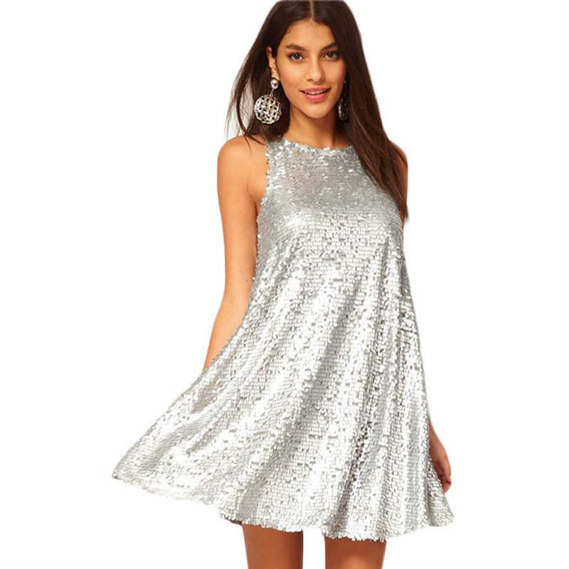 Women Club Fashion Female Silver Color Sleeveless O-neck Casual A-Line Party Dress