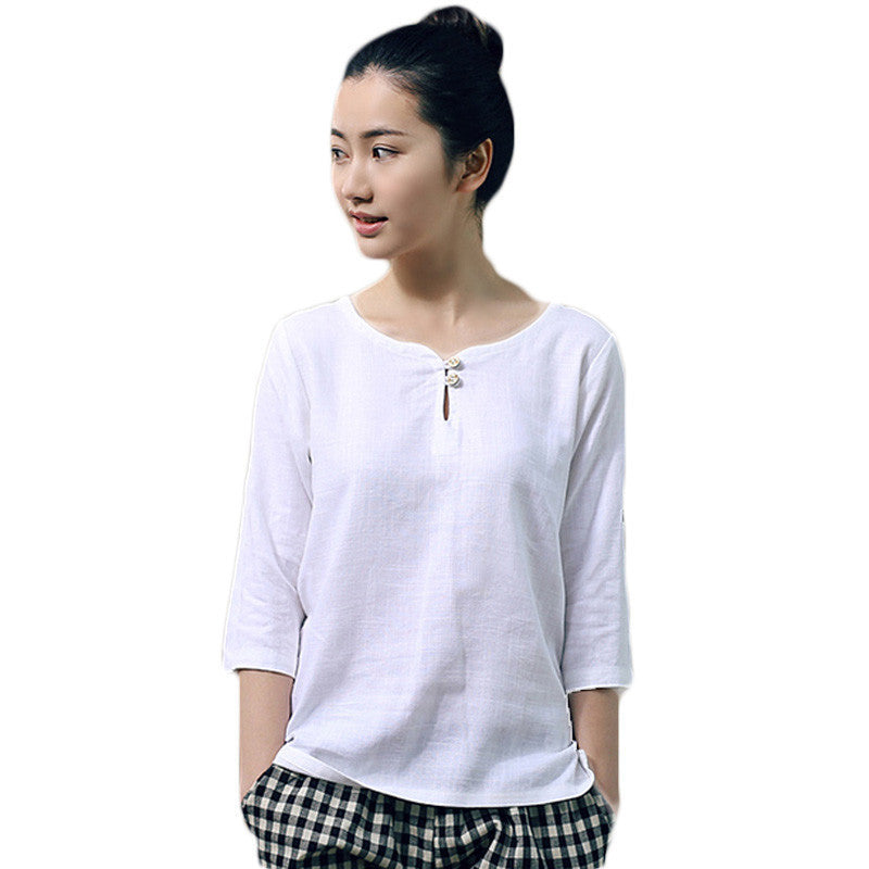 Online discount shop Australia - Elegant Women Shirts Ladies OL Linen Blouses Three Quarter Sleeve White Shirt for Women Tops