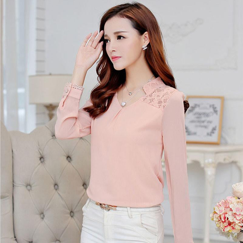 Woman lace shirt Hollow Fashion Casual Long-sleeved chiffon blouse Shirt Plus size women Tops